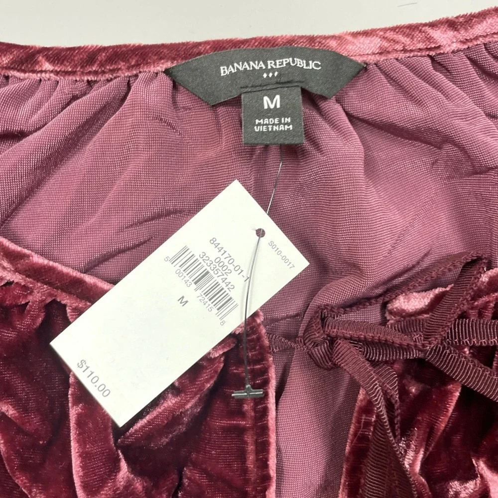 Banana Republic Velvet Tie Front Puff Sleeve Top Burgundy Retail $110